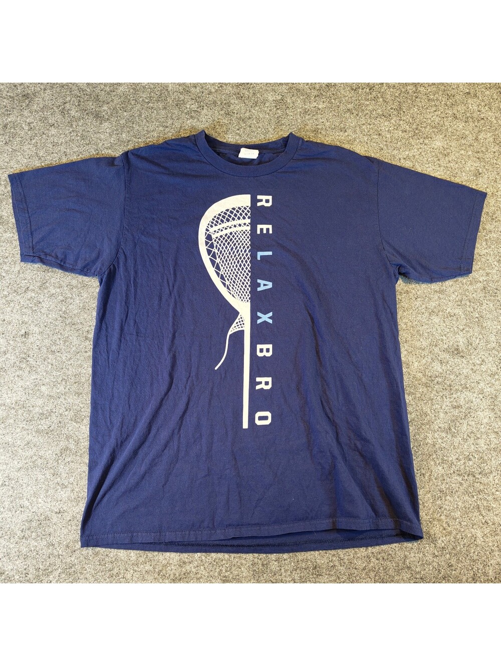 Relax Bro Lacrosse Graphic T-Shirt Mens Large Navy Blue Short Sleeve Tee Gildan